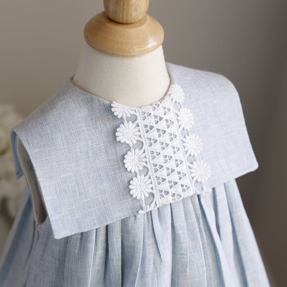 Blue Linen Float Dress Crocheted Lace Square Bib Collar Bailey Boys Boutique  2T - Picture 2 of 4